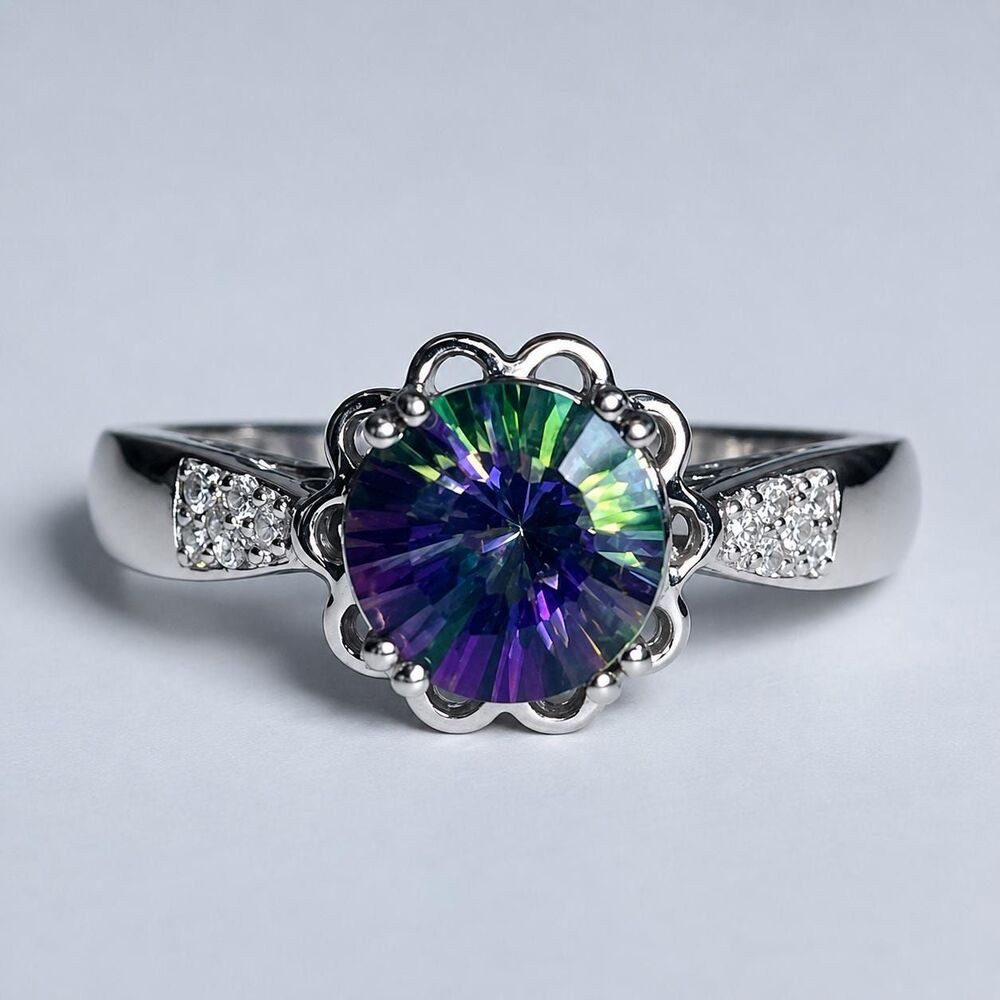 Mystic Topaz 7mm Round Concave Diamond 14K White Gold Ring